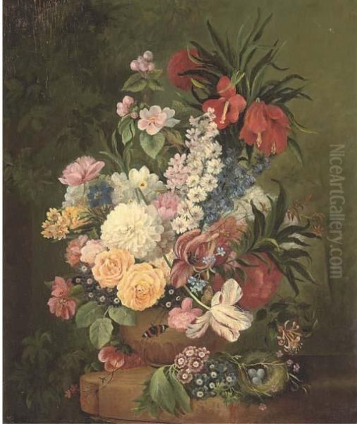 Roses And Other Flowers In A Vase On A Stone Ledge Oil Painting by Jan Van Huysum