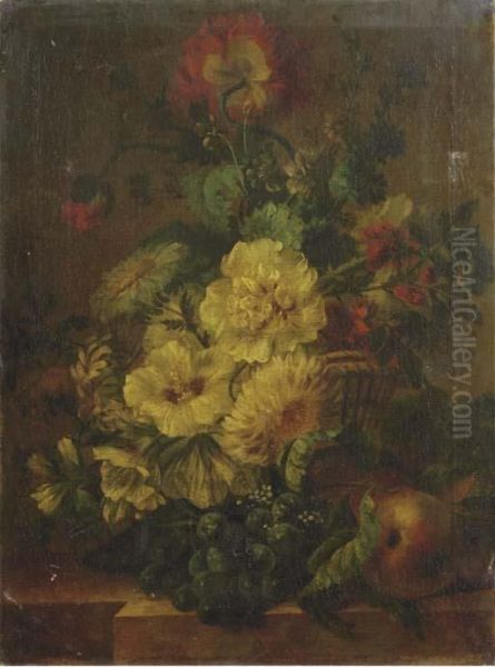 Carnations, Poppies, Roses And 
Other Flowers In A Basket With Black Grapes And Peaches On A Ledge Oil Painting by Jan Van Huysum