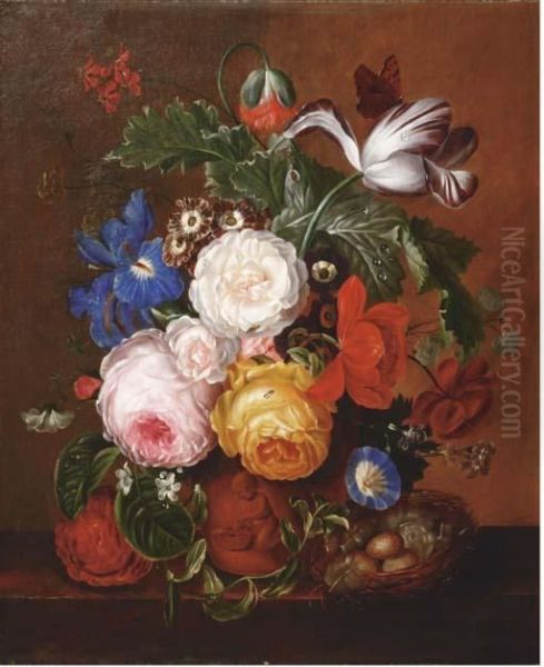 Roses, Parrot Tulips, Irises And
 Other Flowers In A Terracotta Urn And A Bird's Nest With Eggs On A 
Wooden Ledge Oil Painting by Jan Van Huysum