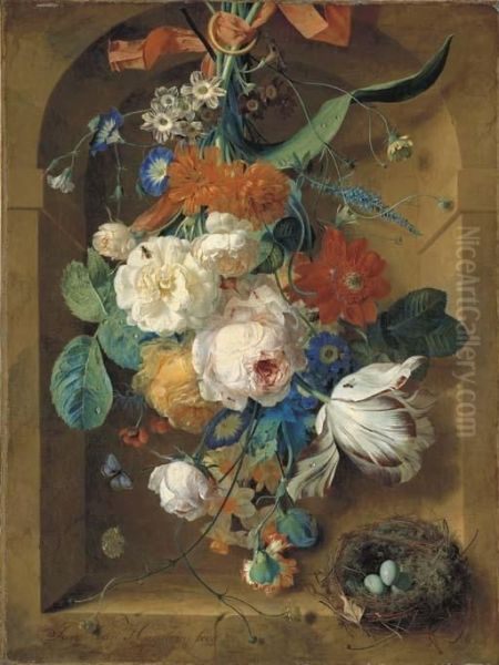 A Festoon Of Flowers Hanging From A Red Ribbon In A Stone Niche With A Bird's Nest Oil Painting by Jan Van Huysum