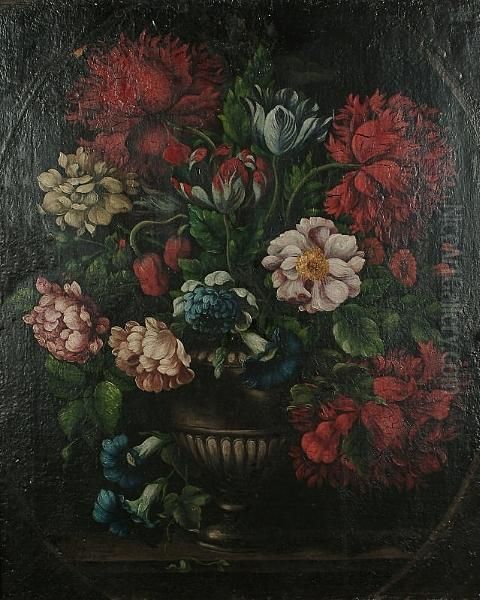 Chrysanthemums, Roses, Morning Glory And Other Flowers In A Stone Urn, In A Painted Oval Oil Painting by Jan Van Huysum