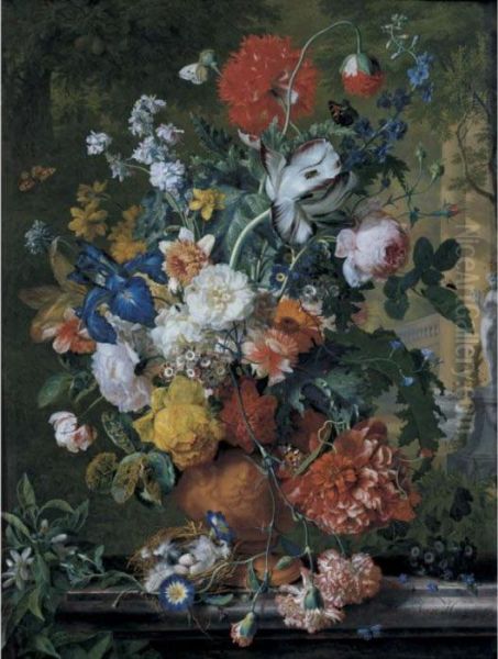 Flowers In A Terracotta Vase On A Marble Ledge Oil Painting by Jan Van Huysum