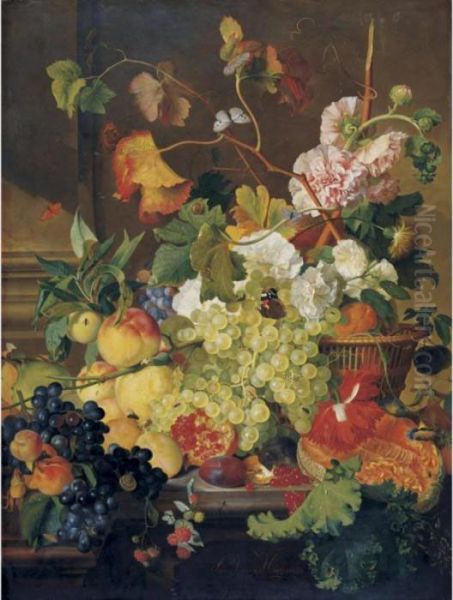 Still Life Of Grapes, Peaches, A
 Melon And Other Fruit, With Peonies In A Basket, All On A Stone Ledge Oil Painting by Jan Van Huysum