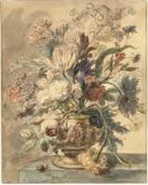 Flowers In A Terracotta Urn On A Marble Ledge, A Snail To The Left Oil Painting by Jan Van Huysum