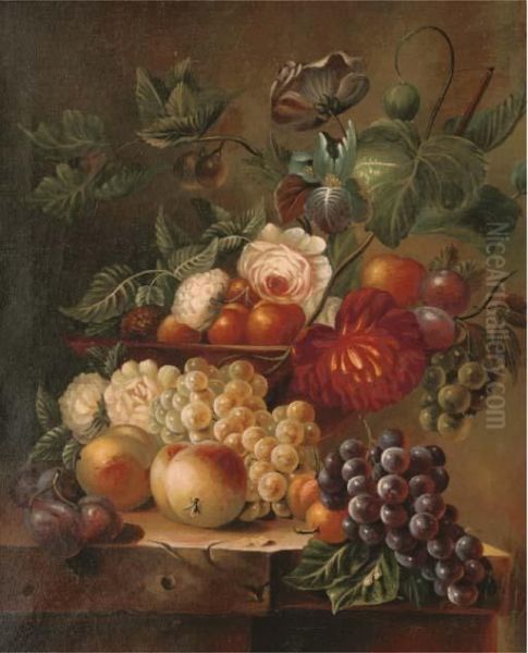 Flowers And Fruit In A Bowl Oil Painting by Jan Van Huysum