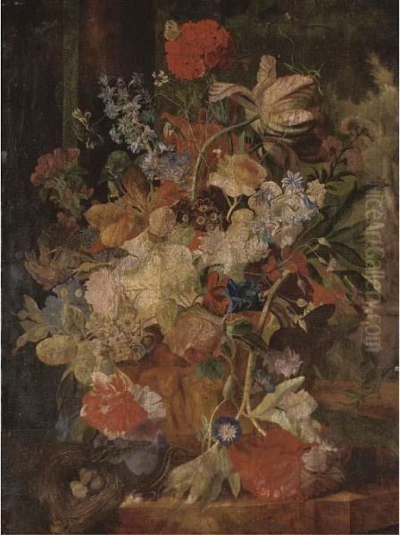 Tulips, Morning Glory, And Other
 Flowers In A Sculpted Urn With Abirds Nest On A Ledge, Figures In A 
Garden Beyond Oil Painting by Jan Van Huysum