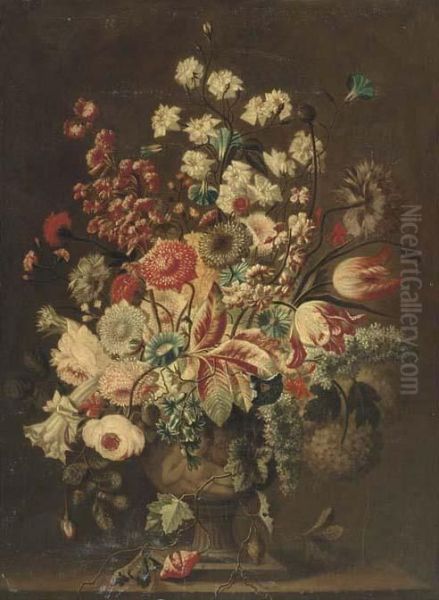 Parrot Tulips, Roses, 
Hydrangeas, Carnations And Other Flowers In Asculpted Urn On A Ledge Oil Painting by Jan Van Huysum