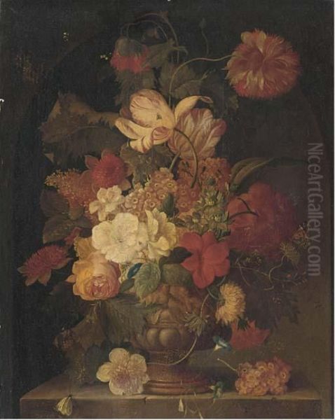 Flowers In Vase On A Stone Ledge Oil Painting by Jan Van Huysum