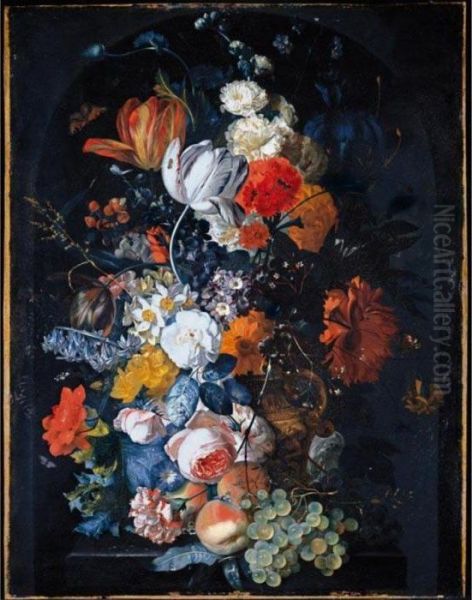 A Still Life Of Tulips, 
Hollyhocks, Maltese Cross, An Iris, Narcissi, Auricula, An Opium Poppy, 
Marigolds, Apple Blossom, A Carnation And Other Flowers In A Terracotta 
Urn With Grapes And Peaches On A Stone Pedestal In A Niche With A 
Peacock Butte Oil Painting by Jan Van Huysum