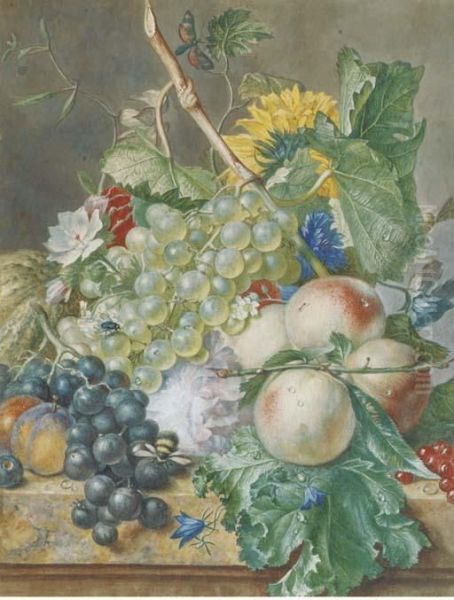 Still Life Of Grapes, Peaches, 
Plums And Other Fruit With Peonies,chrysanthemums And Convolvulus, On A 
Marble Ledge Oil Painting by Jan Van Huysum