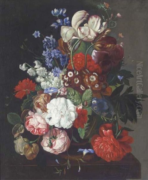 Flowers In A Vase On A Table Oil Painting by Jan Van Huysum