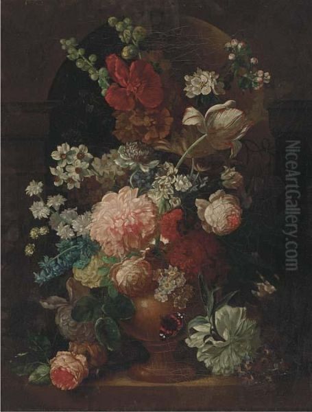 A Parott Tulip, Roses, Morning 
Glory And Other Flowers In An Urn Ina Niche, With A Butterfly by Jan Van Huysum