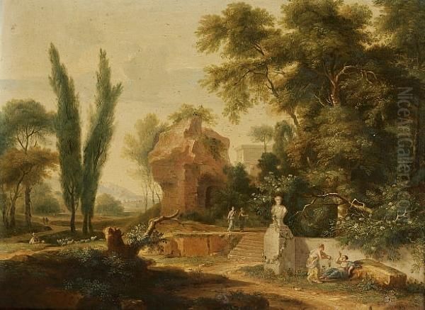 An Italianate Landscape With Figures Amongst Ruins Oil Painting by Jan Van Huysum