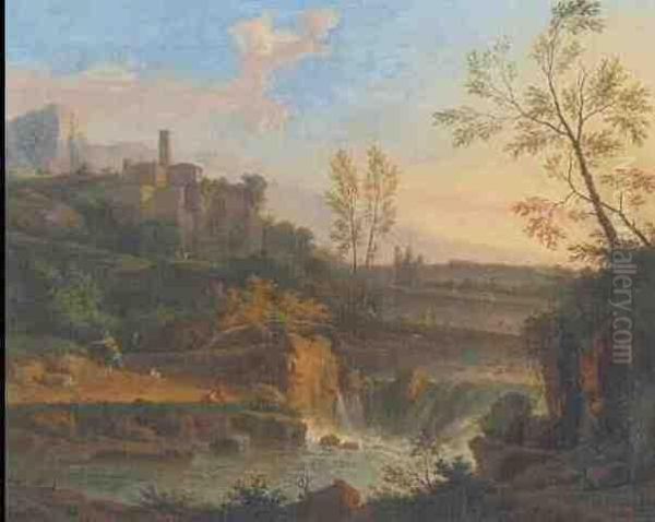 Italienische Flusslandschaft Mit Anglern Bei Dem Wasserfall Vorn Oil Painting by Jan Van Huysum