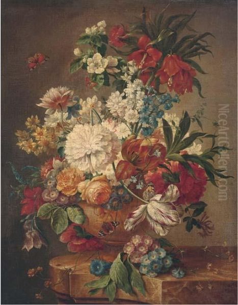 Roses, Tulips, Morning Glory, 
Narcissi And Other Flowers In An Urnon A Marble Ledge With Butterflies Oil Painting by Jan Van Huysum