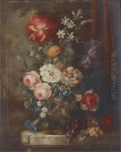 Roses, Petunias, Dahlias, 
Campanulae And Other Summer Flowers In Anornamental Urn With Bunches Of 
Grapes On A Garden Plinth Oil Painting by Jan Van Huysum