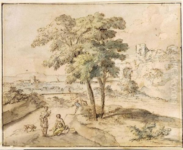 An Arcadian Landscape With Figures Conversing Under A Tree Oil Painting by Jan Van Huysum