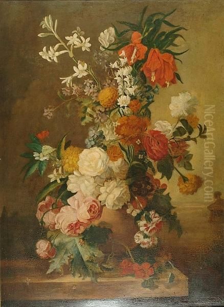 Impressive Still Life Of An Arrangement Of Flowers Displayed On A Stone Ledge Oil Painting by Jan Van Huysum