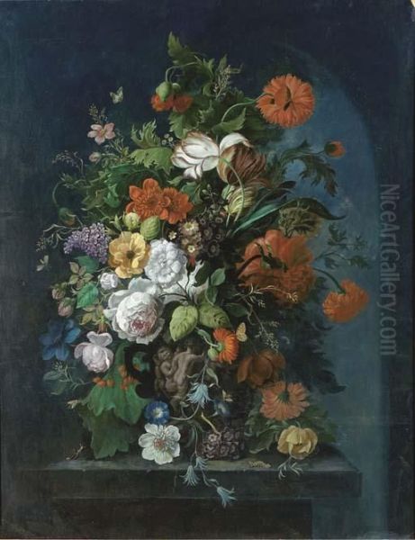 Roses, Tulips, Lilac, 
Convulvulus, Auriculas And Other Flowers Andinsects In An Ornamental Urn
 On A Plinth Oil Painting by Jan Van Huysum