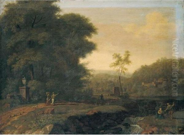 A Classical Landscape With Travellers Resting Beside A Stream, Other Figures On A Path Oil Painting by Jan Van Huysum