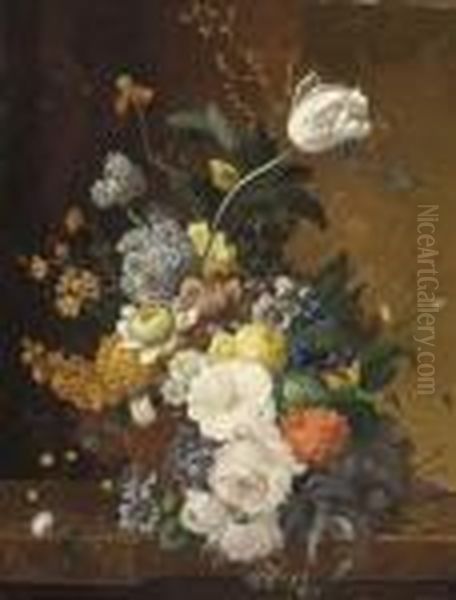 Roses, Tulips And Other Summer Flowers On A Ledge Oil Painting by Jan Van Huysum