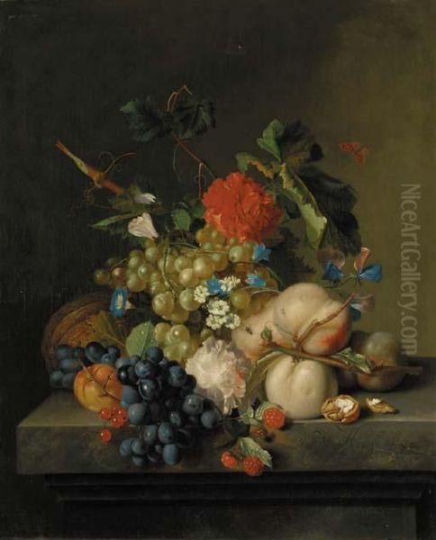 Grapes On The Vine, Peaches, A 
Melon, Redcurrants, A Split Walnut, With Morning Glory, Other Flowers 
And A Butterfly On A Marble Plinth Oil Painting by Jan Van Huysum