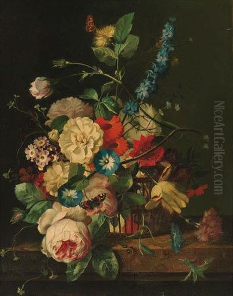 Roses, Peonies, Morning Glory, 
Tulips And Other Flowers In Abasket, With A Red Admiral And A Moth, On A
 Stone Plinth Oil Painting by Jan Van Huysum