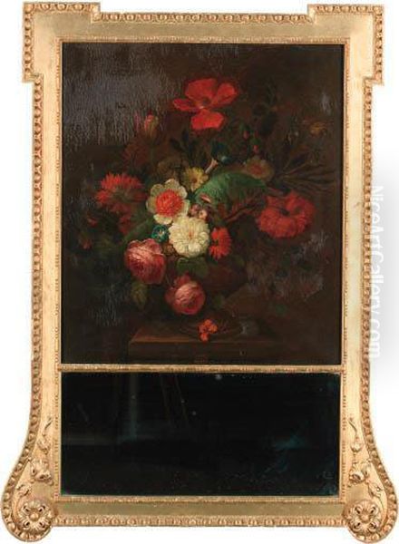 Roses, Poppies, Daisies, 
Chrysanthemums, Convolvuli And Otherflowers In An Urn On A Stone Ledge Oil Painting by Jan Van Huysum