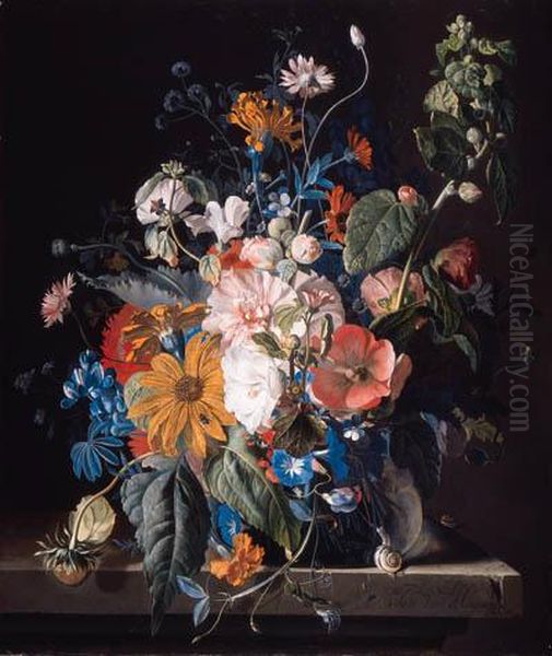 Poppies, Hollyhock, Morning 
Glory, Viola, Daisies, Sweet Pea,marigolds And Other Flowers In A Vase 
With A Snail On A Ledge Oil Painting by Jan Van Huysum