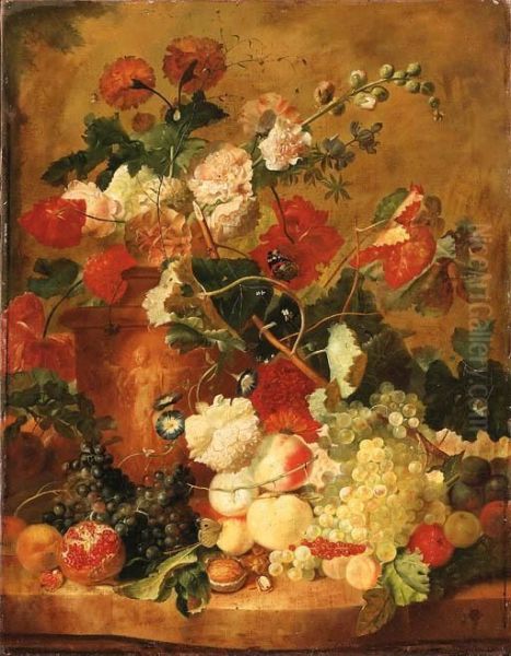 Roses, Carnations And Other 
Flowers In A Sculpted Terracotta Vasewith A Pomegranate, Peaches, Plums,
 Grapes, A Walnut, Hazelnuts Andcurrants On A Marble Ledge Oil Painting by Jan Van Huysum