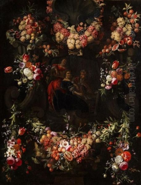 Musikgesellschaft Umgeben Von Blumen-und Fruchtgirlanden Oil Painting by Jan van Kessel