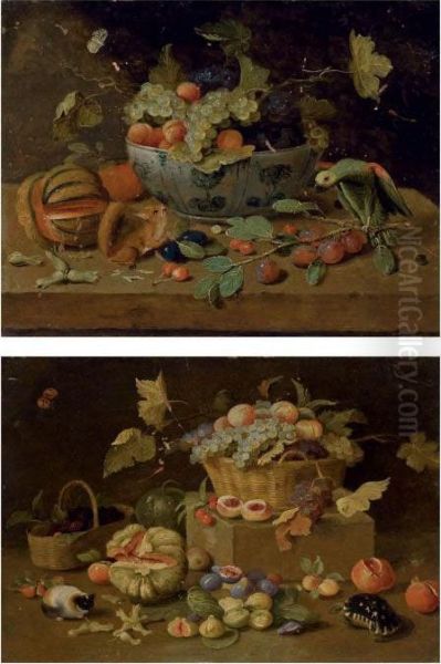 Fruits Dans Un Plat En Delft, 
Perroquet Et Ecureuil Sur Un Entablement; Et Un Panier De Fruits, Tortue
 Et Cochon D'inde Oil Painting by Jan van Kessel