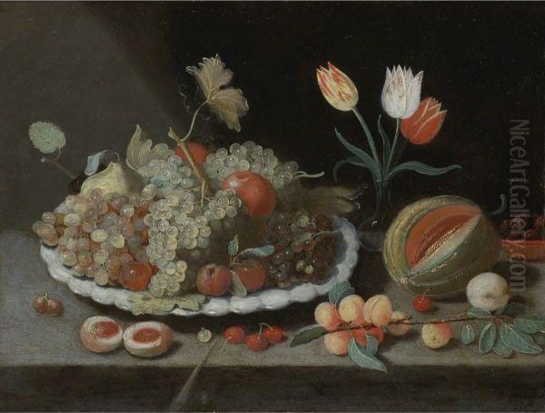 Still Life With Grapes And Other
 Fruit On A Platter, A Glass Vasewith Tulips, A Melon, Apricots, 
Cherries And Other Fruit, All On Aledge Oil Painting by Jan van Kessel