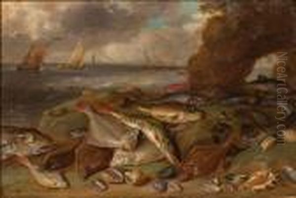 Poissons Sur Le Rivage Et Arriere Planmarin Oil Painting by Jan van Kessel