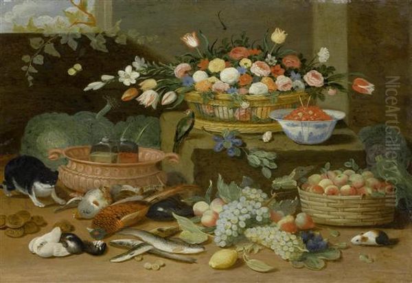 Still Life With Basket Of Flowers, 
Fruits, 
Fish, 
Wild Birds And Other Small Living Creatures Oil Painting by Jan van Kessel