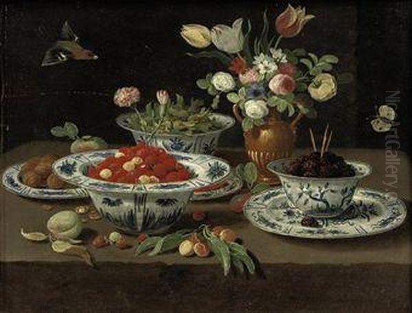 Wild Strawberries In A Chinese 
'kraak' Porcelain Bowl, Blackberriesin A Second Bowl Standing On A 
Plate, Various Flowers In A Bronzevase, Damsons In Yet Another Bowl And 
Walnuts On A Plate, With Apeach, A Sprig Of Cherries And Other Fruit, 
All On  Oil Painting by Jan van Kessel