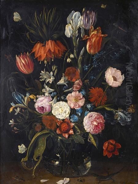 A Still Life Of Tulips, A Crown 
Imperial,snowdrops, Lilies, Irises, Roses And Other Flowers In A Glass 
Vasewith A Lizard, Butterflies, A Dragonfly And Other Insects Oil Painting by Jan van Kessel