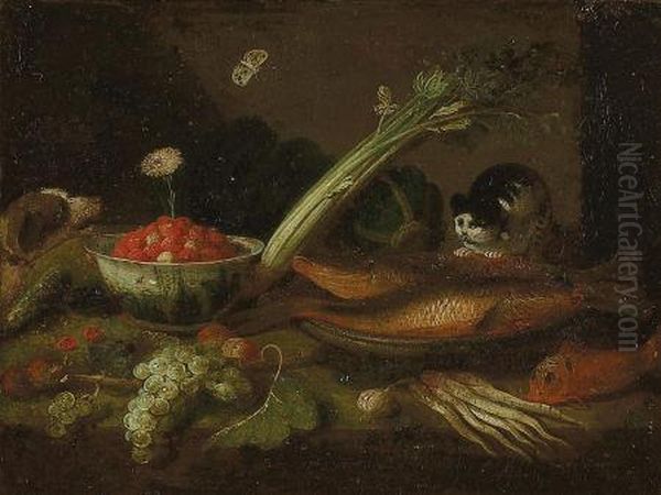 Kitchen Scene With Fish, Vegetables, Fruit, And Animals Oil Painting by Jan van Kessel