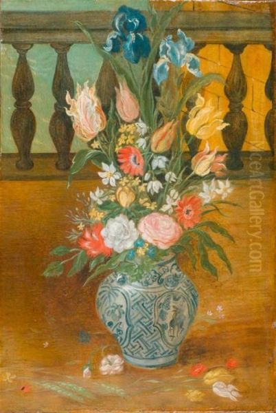 Bouquet Of Flowers In A Vase Before A Balustrade. by Jan van Kessel