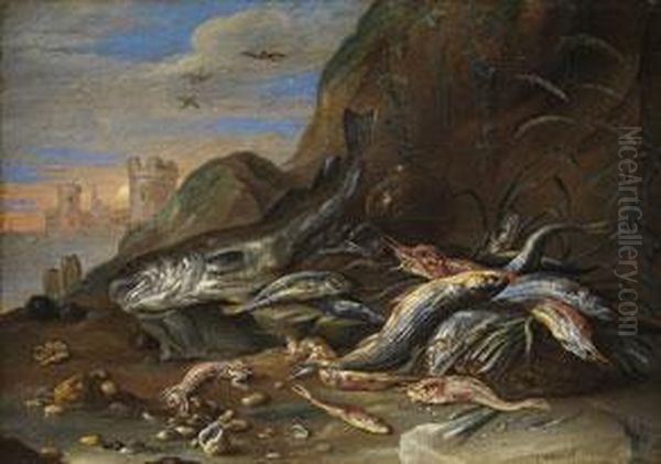 Fischstilleben In Einer Uferlandschaft Oil Painting by Jan van Kessel