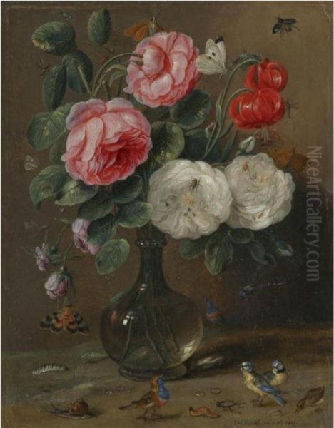 Still Life Of Roses In A Glass Vase With Numerous Insects,including Butterflies Oil Painting by Jan van Kessel