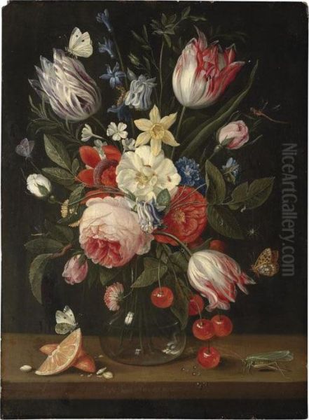 Tulips, Peonies, Cornflowers, 
Roses And Other Flowers In A Glassvase With Cherries And Orange Segments
 On A Wooden Ledge Andbutterflies, Grasshoppers, Spiders And Dragonflies Oil Painting by Jan van Kessel