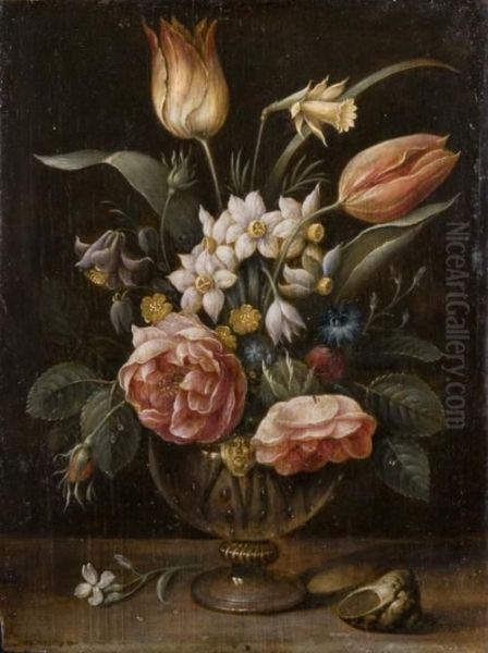 Rose, Tulipani, Fiordalisi E Altri Fiori In Un Vaso Di Vetro Su Un Tavolo Oil Painting by Jan van Kessel