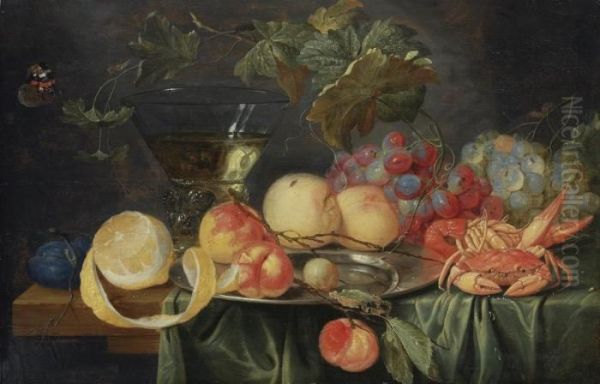 Peaches, Plums, Grapes And A 
Lemon, With A Crab, A Lobster And Aroemer On A Partly-draped Table Oil Painting by Jan van Kessel