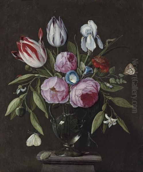 Roses, Tulips, An Iris And Other
 Flowers, In A Glass Vase On Astone Plinth, With Butterflies And Other 
Insects Oil Painting by Jan van Kessel