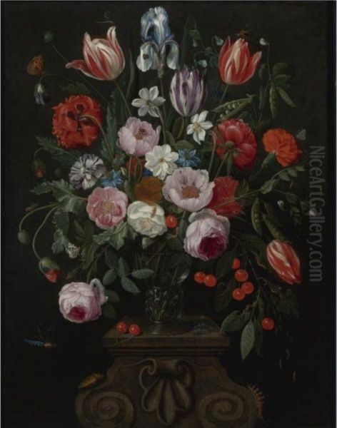 Still Life Of Tulips, Roses, A 
Whitish Iris, Cherries, Peas And Other Flowers In A Roemer Surrounded By
 Numerous Insects On A Carved Stone Plinth Oil Painting by Jan van Kessel