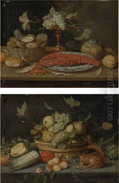 Still Life With Lobster; Still Life With Squirrel Oil Painting by Jan van Kessel