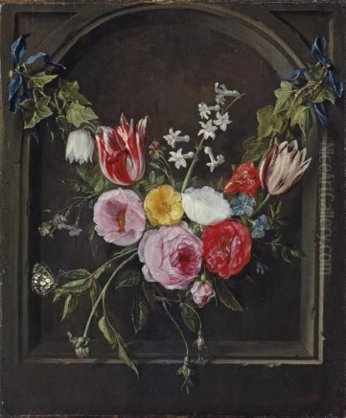 A Swag Of Flowers Hanging In A Niche Oil Painting by Jan van Kessel