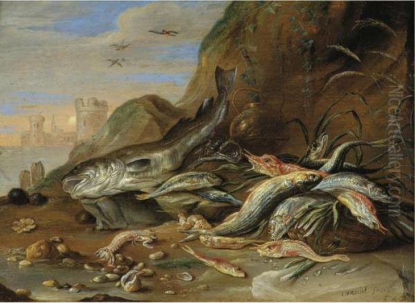 A Seashore With A Still Life Of Fish, Crustaceans And Other Sea Creatures Oil Painting by Jan van Kessel