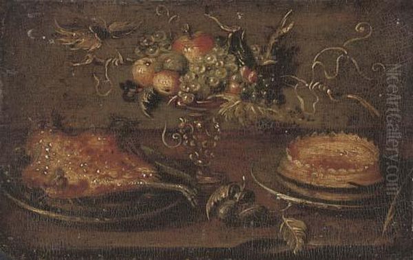 A Roast On A Platter, A Cake, An
 Apple, A Pear, Peaches And Grapes In A Tazza On A Stone Ledge Oil Painting by Jan van Kessel